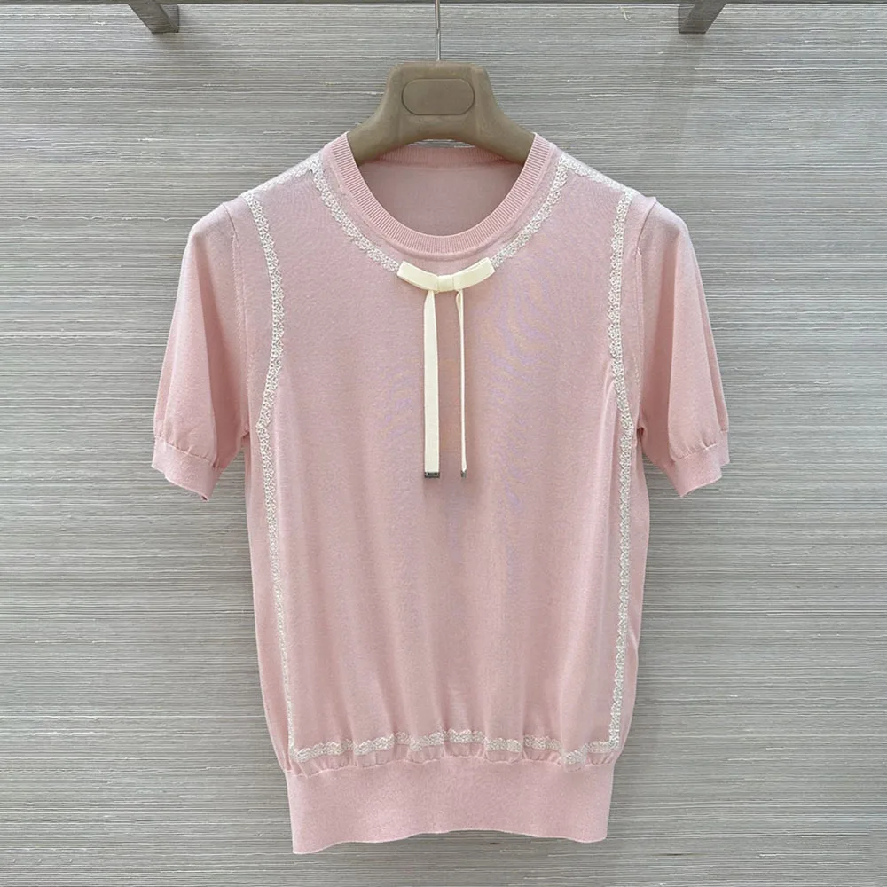 

High-quality 2026 new summer women's fitted short-sleeved plain-color casual fashion T-shirt with lace decoration xy2640730