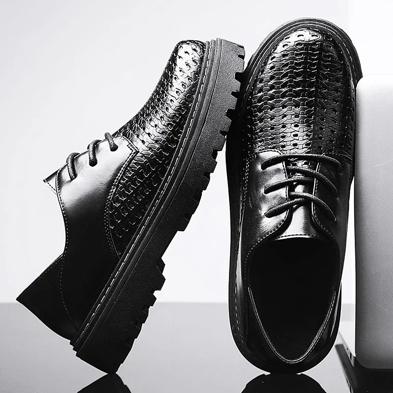 

Men's Formal Business Style High-quality Pure Black Breathable Hollowed-out Leather Flat Comfortable Low-top Casual Shoes