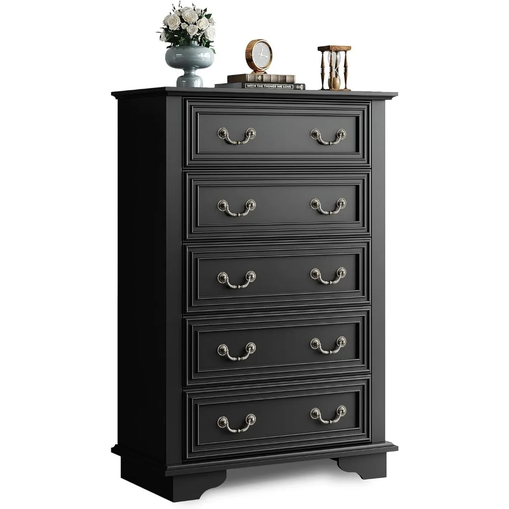 

Exquisite Farmhouse Dresser for Bedroom, Tall Wood Dresser with 5 Drawer, Chest of Drawers with Roman Metal Handle for Living Ro