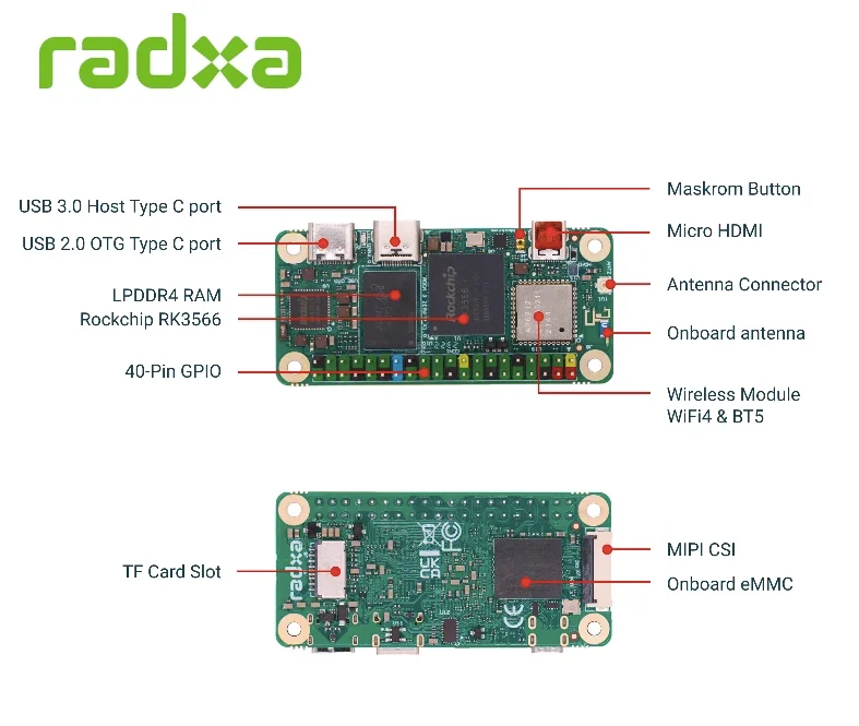 Imagem -05 - Radxa Zero Rockchip Rk3566 64bit Quad Core Baseado Mini Sbc Wifi4 Ble5 3w