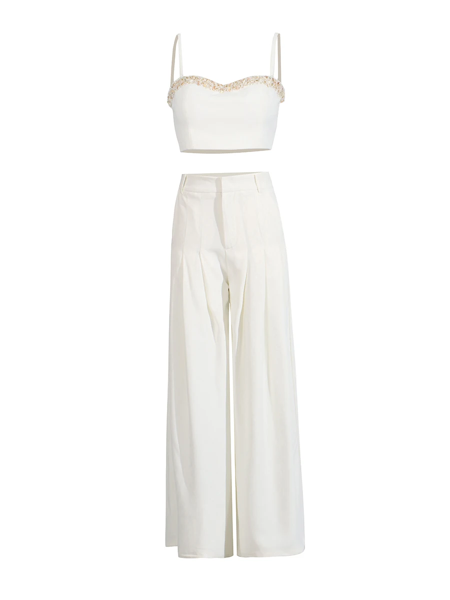 TWOTWINSTYLE solide bases deux pièces ensembles pour femmes col carré sans manches épissé perle gilet taille haute jambe large pantalon ensemble femme