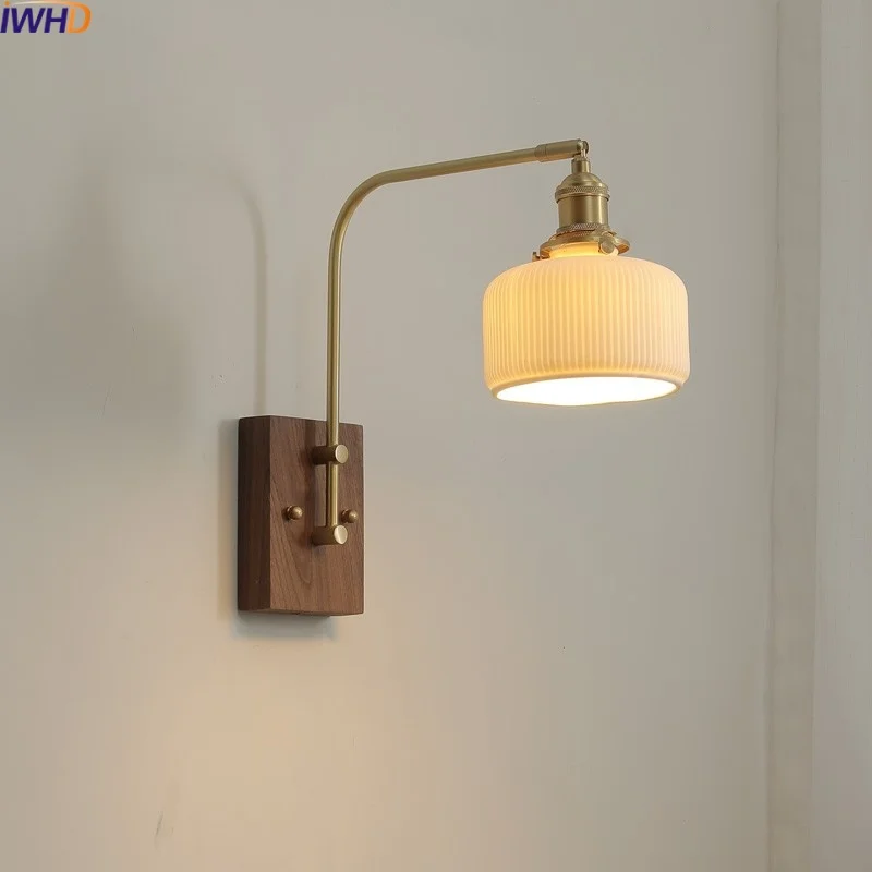 

IWHD Modern Style LED Wall Lights For Balcony Bathroom Bedroom Ceramic Copper Nordic Bedside Lamp Knob Switch Applique Murale