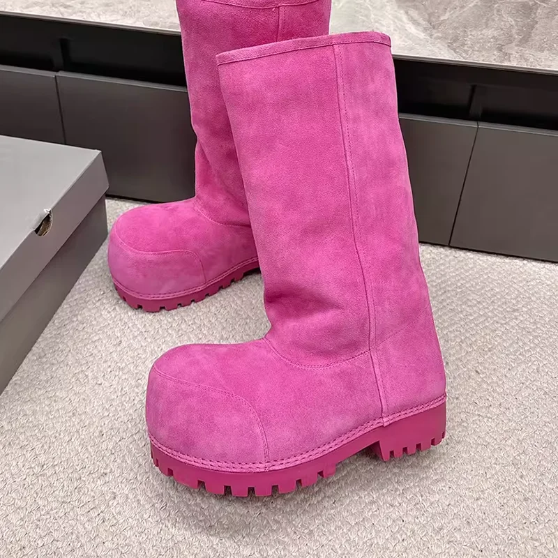 

Brand Fashion Women's Pink Snow Boots Winter Outdoor Thick-soled Plush Knee-high Boots High-quality Suede Round-toe Cotton Shoes