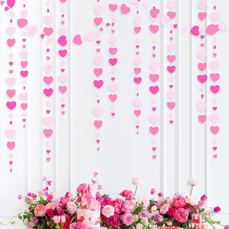 Hot Pink White Hanging Paper Heart Garland Streamer for Birthday Engagement Wedding Minnie Flamingo Pink Girl Party Supplies