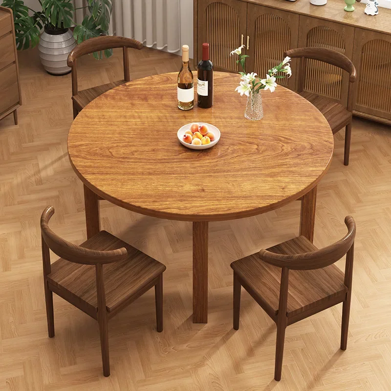 Round Walnut Solid Wood Dining Table Space Saving Small Home Kitchen Dining Room Rotating Lazy Susan Dinning Table Dinner