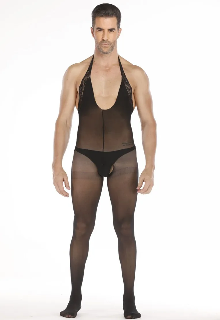 Sexy Men's One-Piece Lace See-Through Hanger Neck Invitation Uniform Open-Crotch No-Need-to-Remove Ultra-Thin Sleepwear