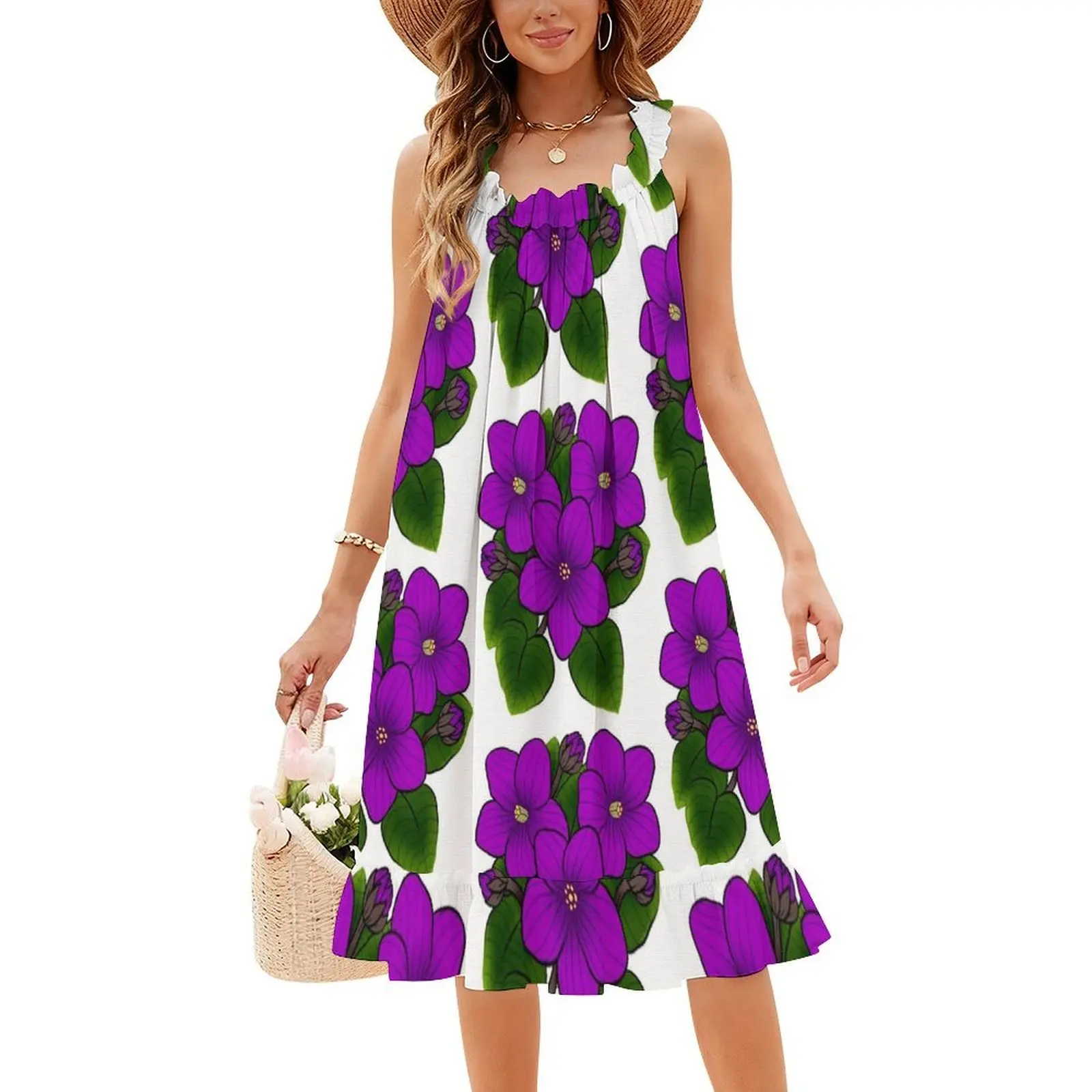 الأرجواني البنفسج الأفريقي في الأبيض البوهيمي فستان بلا أكمام للنساء طباعة فساتين حفلات الشاطئ البنفسجي البنفسجي الأفريقي الأفريقي