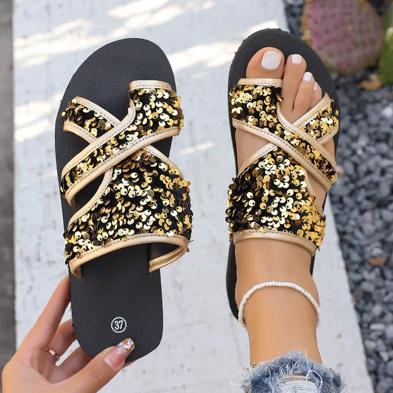 Women Slippers Summer Sequin Decoration Sexy Sandals Real Flip Flops Luxury Flat Slippers Women Fashion Comfortable Slides Women