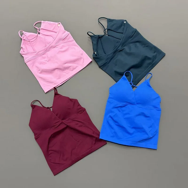 Vision Sports Tank Top Cross Back Longline Yoga Top Women Seamless Padded Workout Camisole V Neck Gym Running Fitness Top