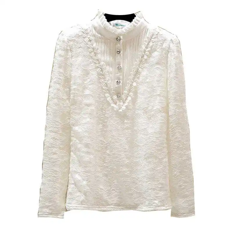 New Fashion Lace Blouse Women 2024 Stand-up Collar White Shirts Woman Korean Style Blouses Sweet Long Sleeve Tops Blusas N26