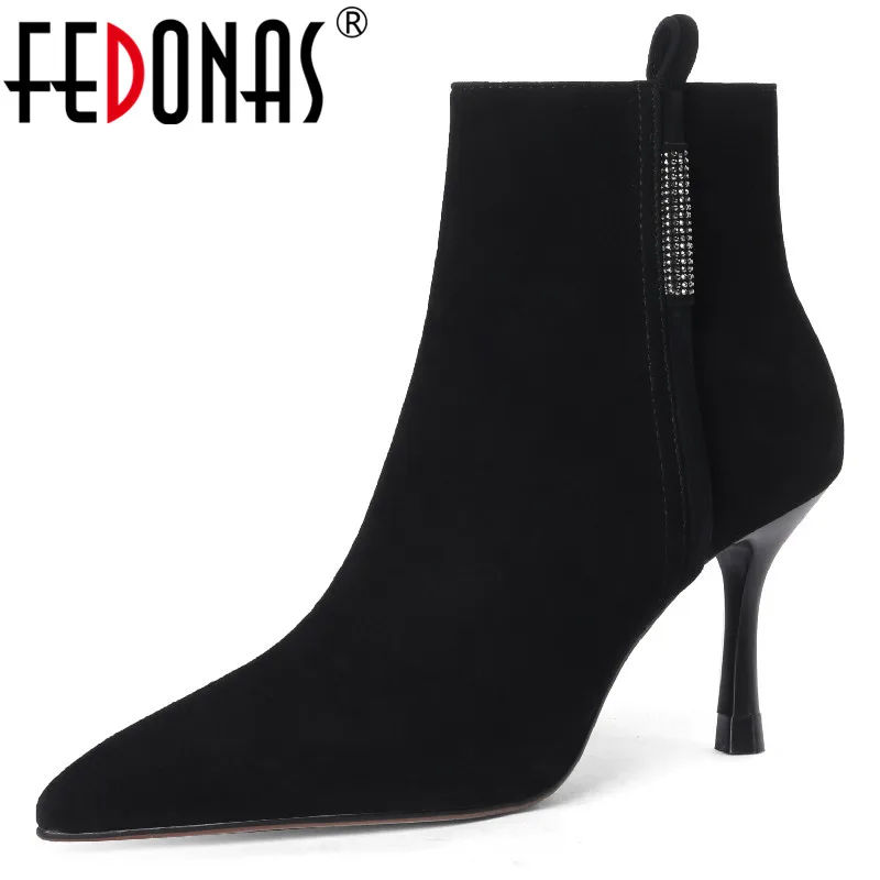 

FEDONAS Elegant Women Ankle Boots Autumn Winter Office Dress Party Rhinestone Kid Suede Leather Point Toe Thin Heels Shoes Woman