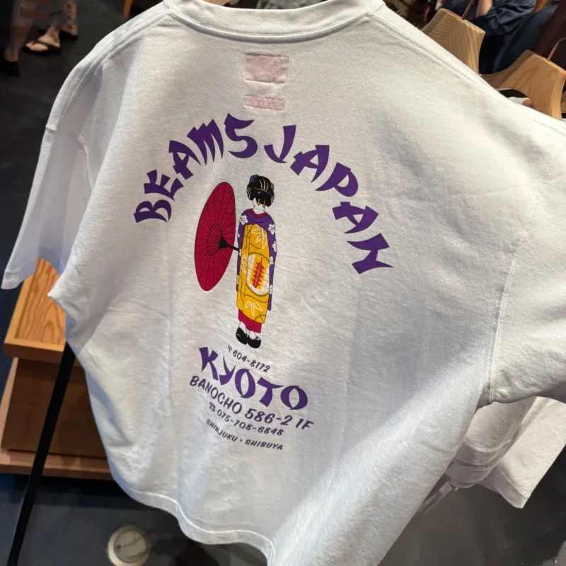Japan Tokyo Street Cotton Fashion Beams Tshirt White Kimono Girl Print Letter Round Neck Top Casual Loose Men Women Short Sleeve