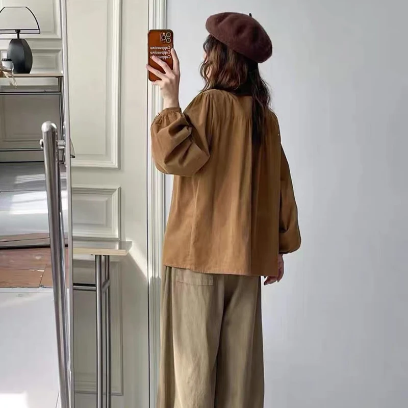 

Thiened Corduroy Pure Cotton Blend Sweet irt Women's Base Layer irt Retro Sle Loose Fit Long Sve round Ne