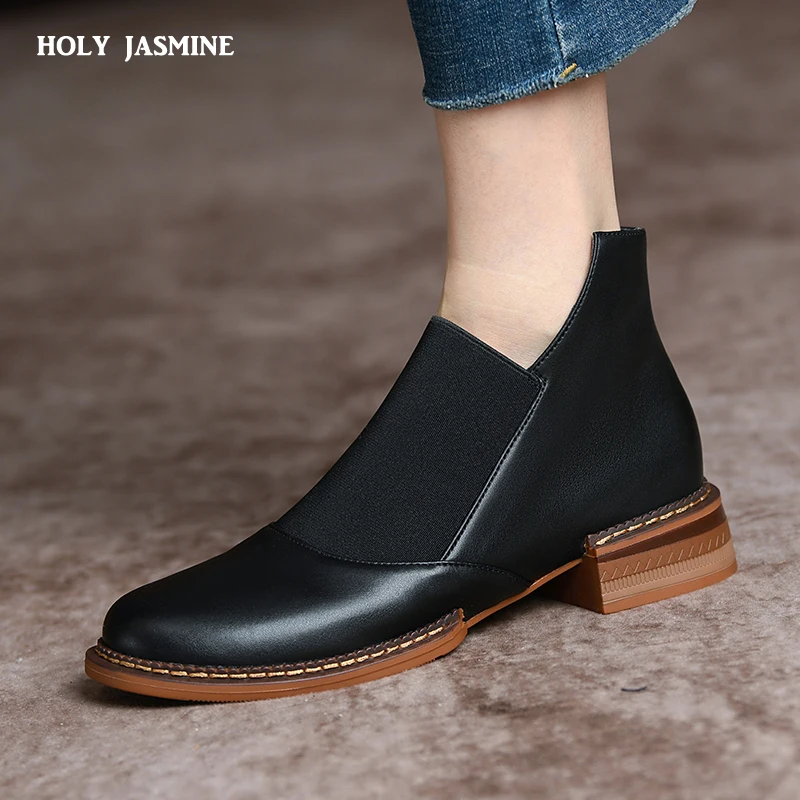 Classic Basic Women Ankle Boots Spring Autumn Office Ladies Casual Thick Heels Genuine Leather Shoes Woman 2023 Concise Shoes