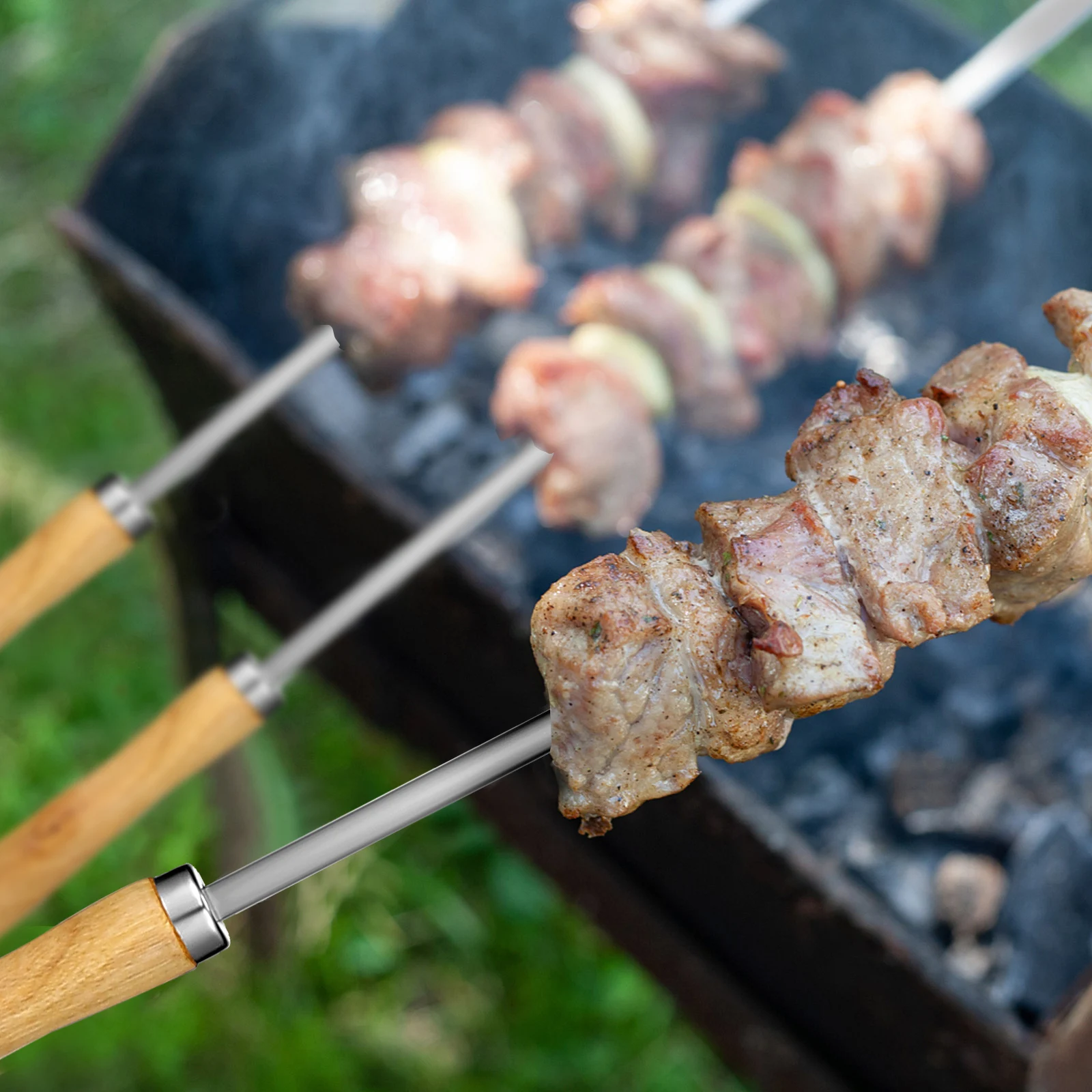 

10 pcs Stainless Steel Flat Barbecue Skewers 42cm Grilling Meat Sticks Protective Tips Covers Storage Bag Kebab Tools