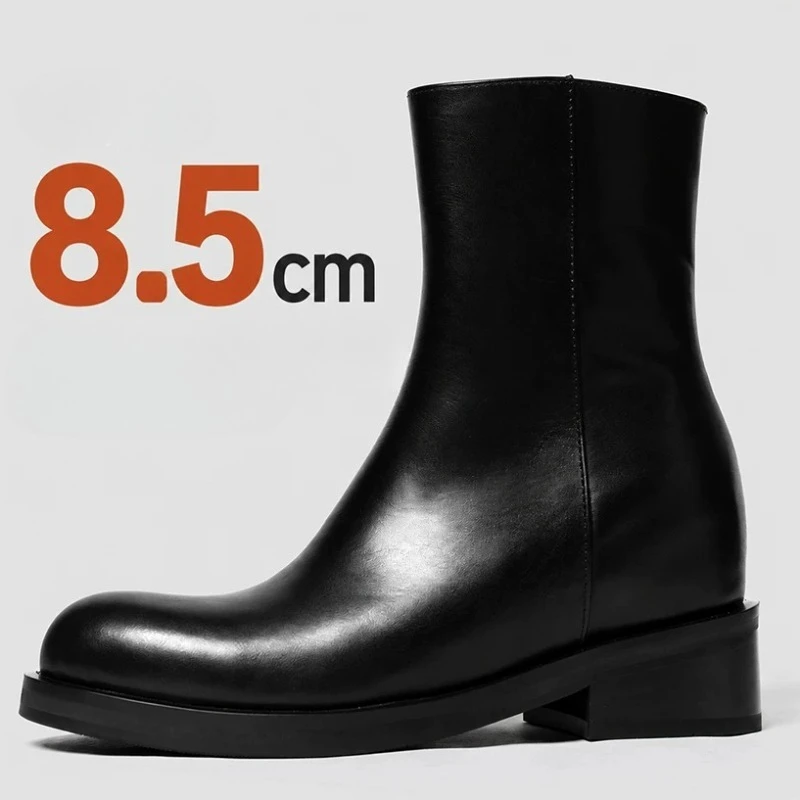 Genuine Leather 8.5cm Height Increased Fashion Chelsea Boots Shoes Men's Pointed Tip Midsole Boots High Heels Dark Wizard Boots