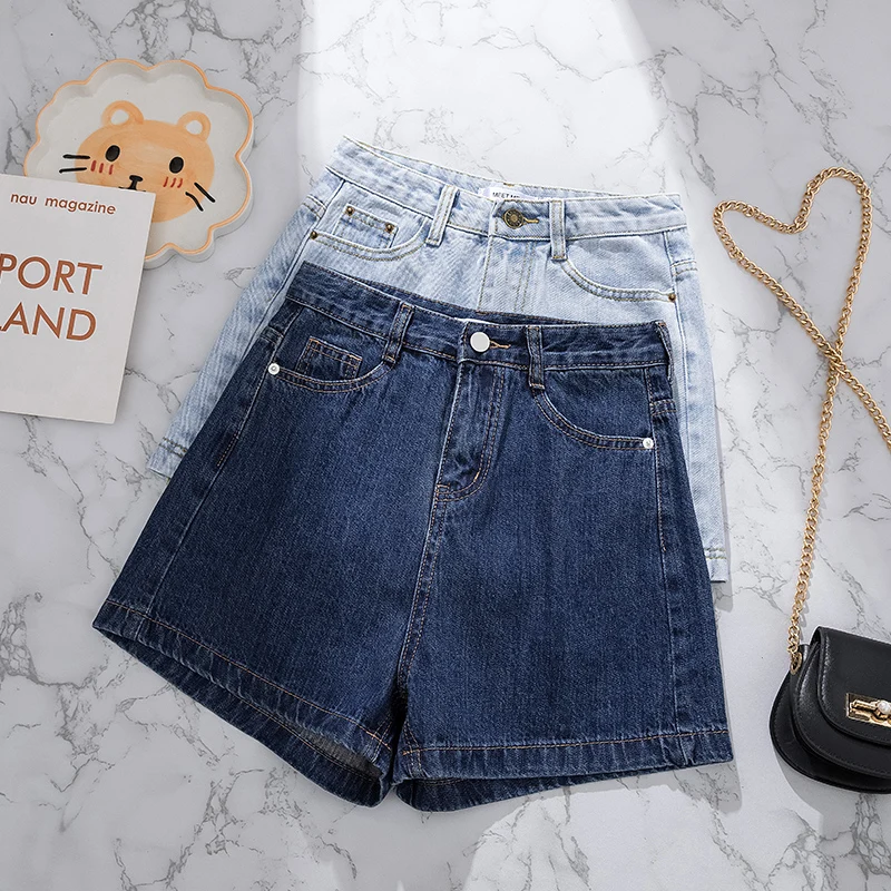 Light Blue High Waist Slimming Denim Shorts Straight Leg Summer New Style Loose Fit for plus Size Students Korean Version