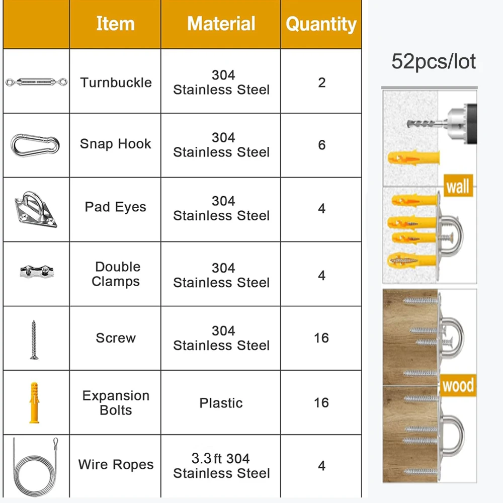 Imagem -03 - Kit de Hardware Sun Shade Sail Triângulo Retangular Sun Shade Sails Instalação Canopy 304 Aço Inoxidável Conjunto de Acessórios 52 Pcs