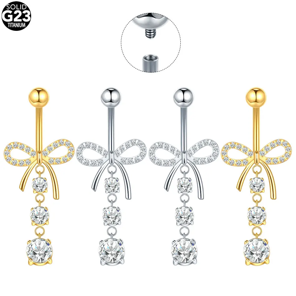 1/5PCS Titanium Crystal Zircon Bowknot Heart Drop Belly Button Ring Curved Barbell 14G Navel Piercing Nombril Sexy Women Jewelry
