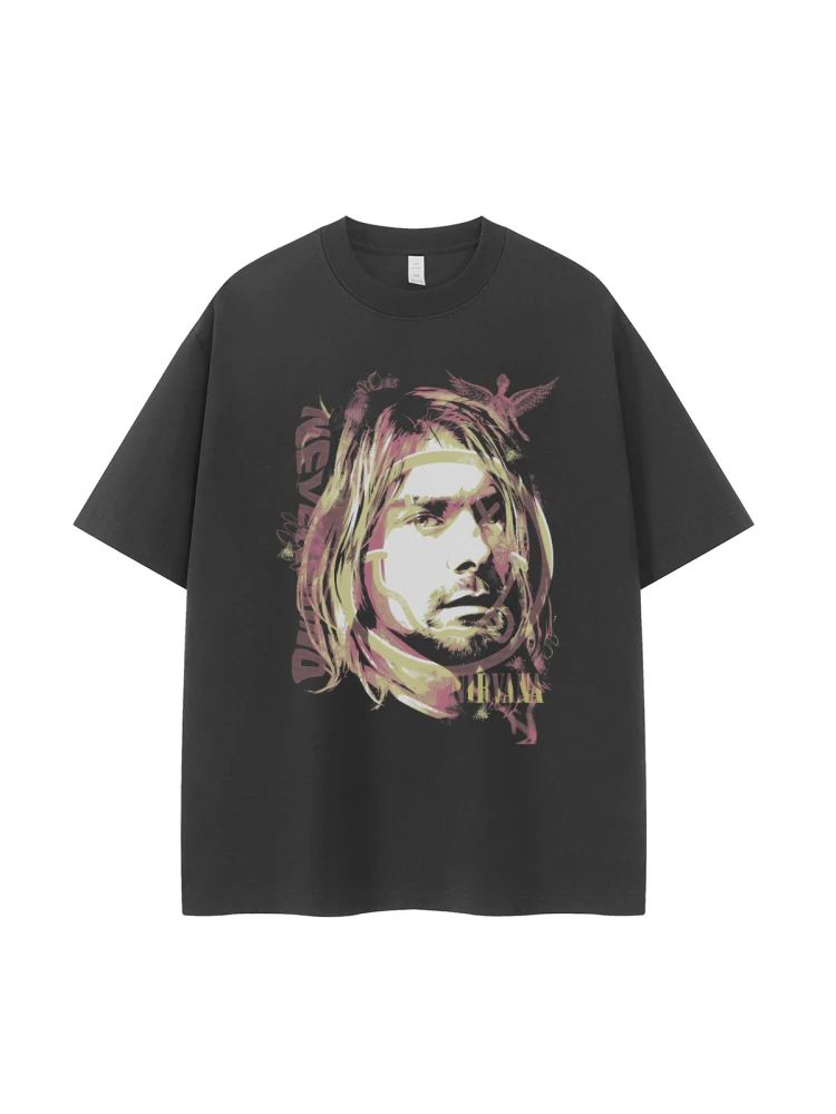 Gothic Band Cobain Portrait American Street Style Short Sleeve T-Shirt Loose Fit Cotton Breathable Casual Fashion Urban Scene