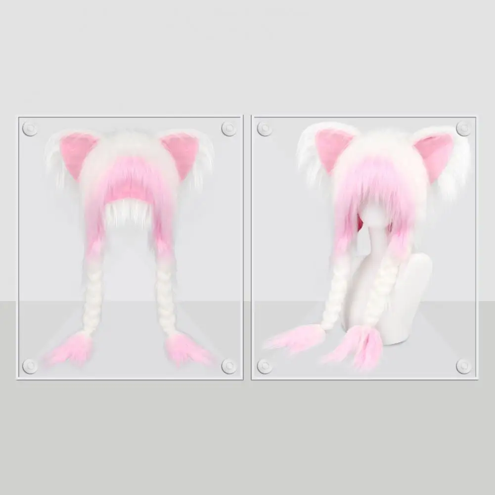Fluffy Cat Ear Hat with Braids Double-Layer Ears Soft Plush Anime Cosplay Hat for Halloween Party Teens Costume Accessory