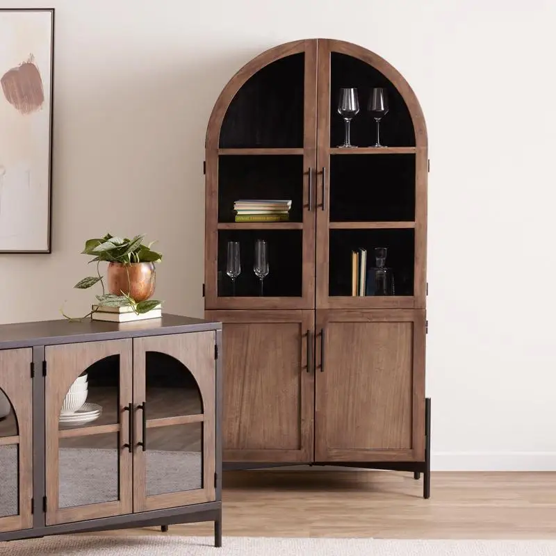 

American solid wood arched bookcase French retro glass door wine cabinet storage Nordic dining side decorative cabinet