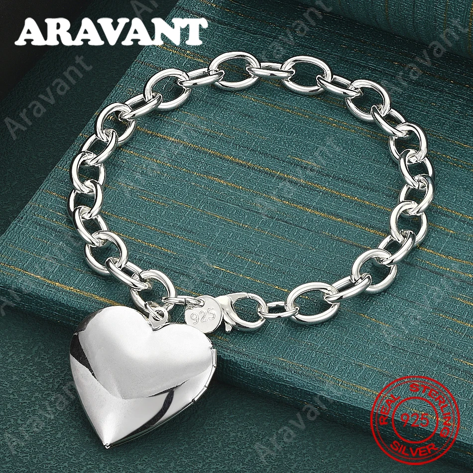 925 Sterling Silver Polished Heart-Shaped Photo Frame Cuban Chain Bracelet - Unique Gift For Women, Evening Jewelry