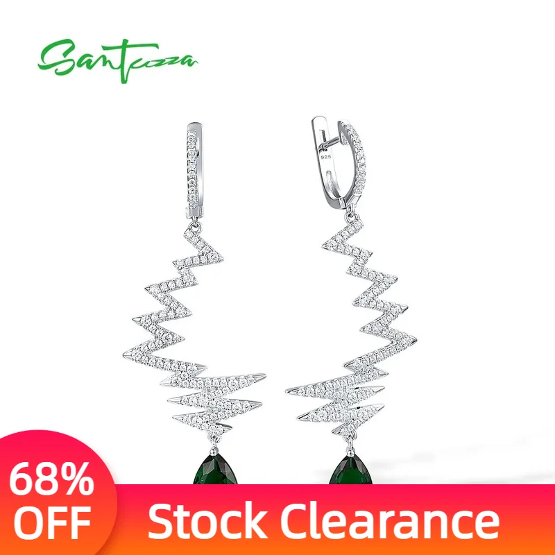 

SANTUZZA 925 Sterling Silver Long Drop Earrings For Women Sparkling Green Glass White CZ Wave Shape Unique Fine Chic Jewelry