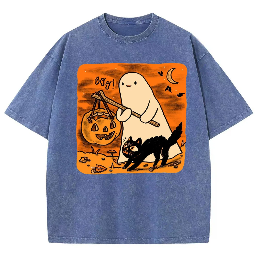Halloween Black Cat Ghost Print Couple T-Shirt Oversized Wash Cotton Short Sleeve Cute Funny Style Fashion Tees y2k