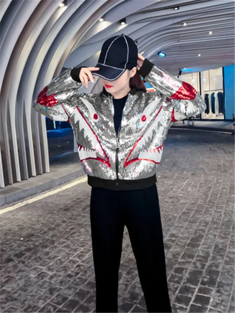 

Autumn Winter Sweethearts Jacket 2022 Women Clothing Loose Female Hip Hop Loose Shark Paillette Zipper Fashion Street Korean