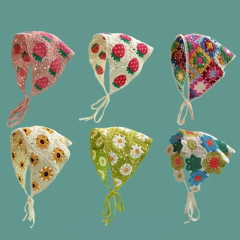 Korean Sweet Strawberry Crochet Triangle Headband Women Spring Summer Travel Photo Bandana Towel Hair Accessories