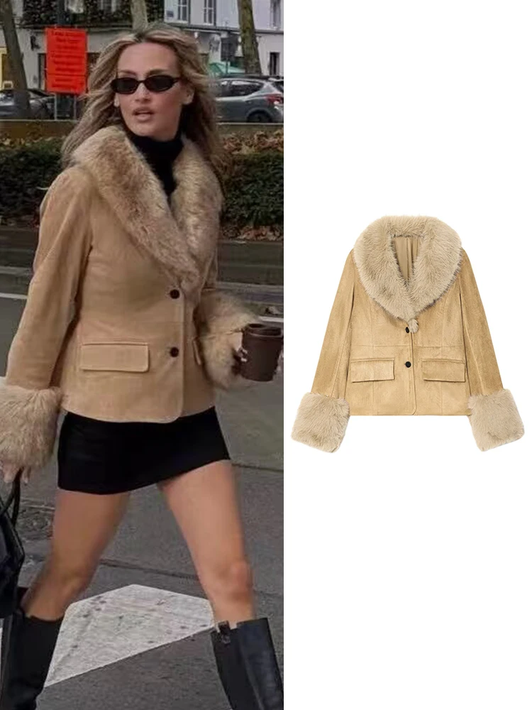 TFMLN New Women Faux Fur Patchwork Jacket Fall Winter Thick Slim Single Breasted Coat Fashion Streetwear Lady Solid Outerwear