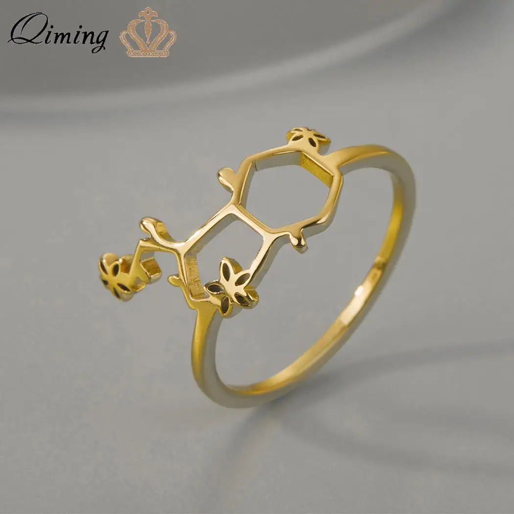 QIMING Science Serotonin Molecule Ring Women Flower Of Chemistry Jewelry Stainless Steel Molecule Ring Gift