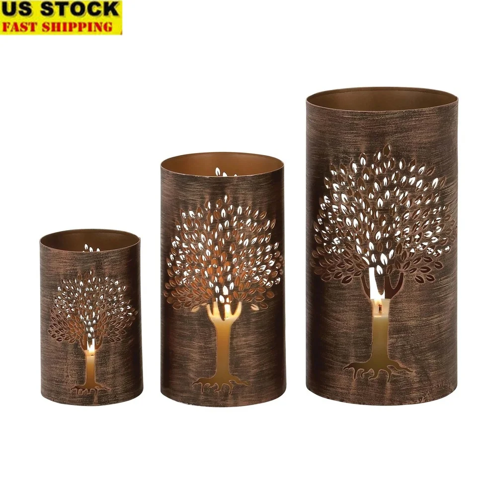 

Copper Tree Decorative Candle Lantern Set of 3 Metal Holders Pillar Candles Indoor Tabletop Accent Lighting Home Decor