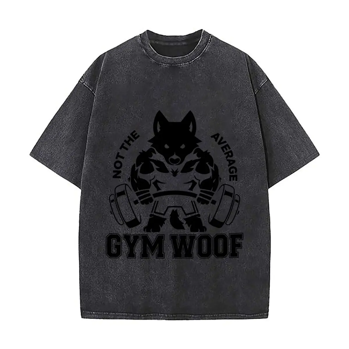 Gym Woof Not The Average Wolf Weightlifting Graphic Distressed Faded Baggy Streetwear Tops for Park Hangouts