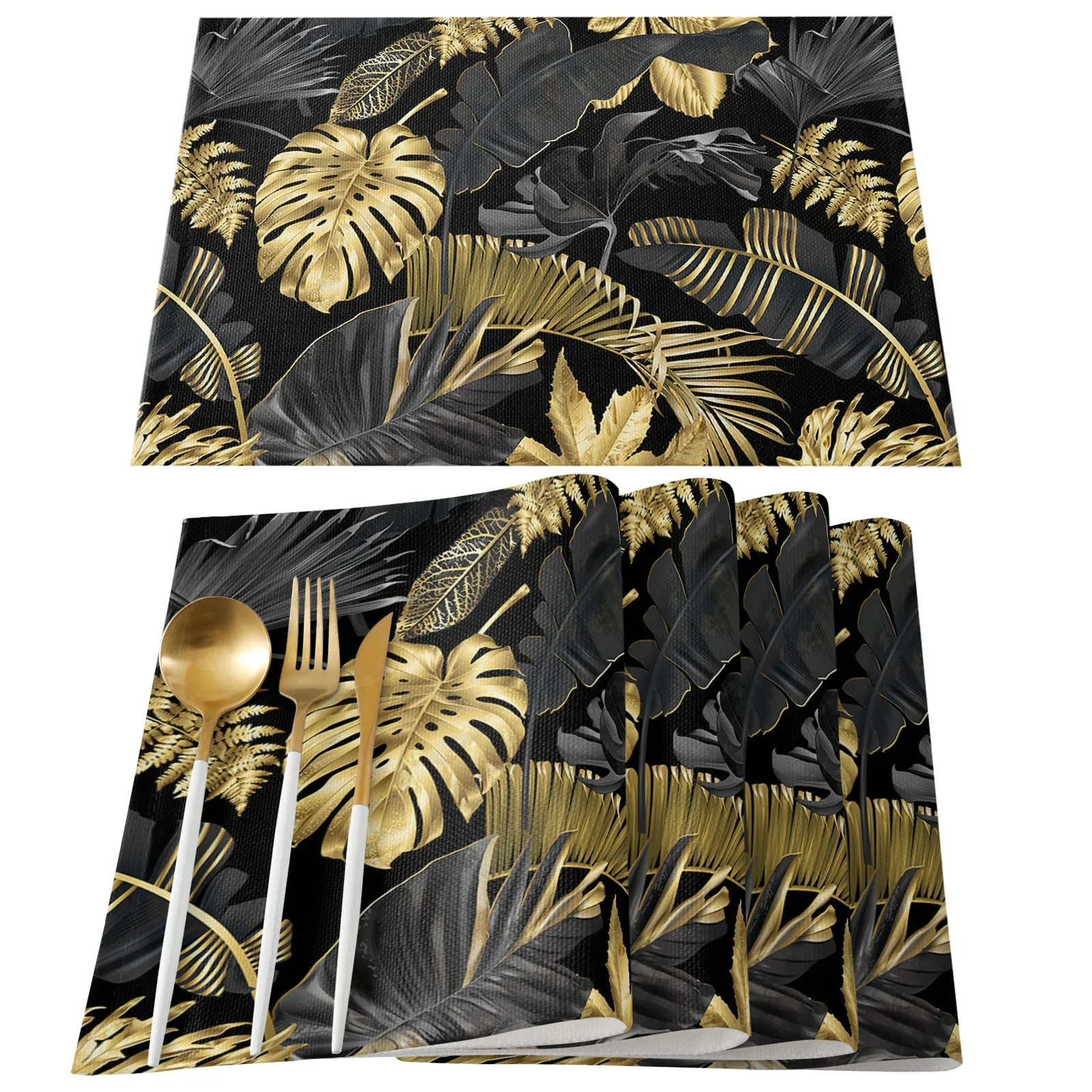 Golden Leaves Black Background Placemat Wedding Party Dining Decor Linen Table Mat Kitchen Accessories Table Napkin