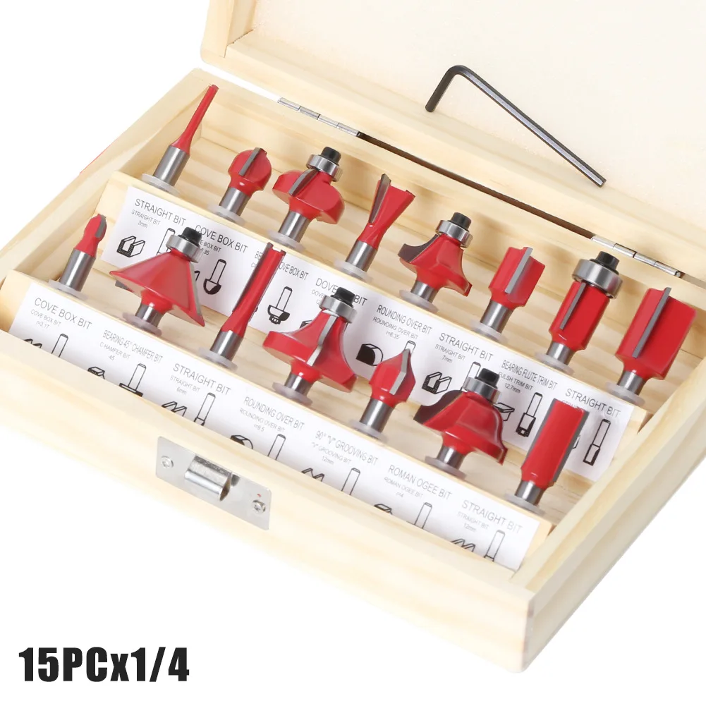 

Набор из 15 фрез, набор деревообрабатывающих инструментов, хвостовик 1/4 дюйма для обработки канавок, окантовки и обрезки