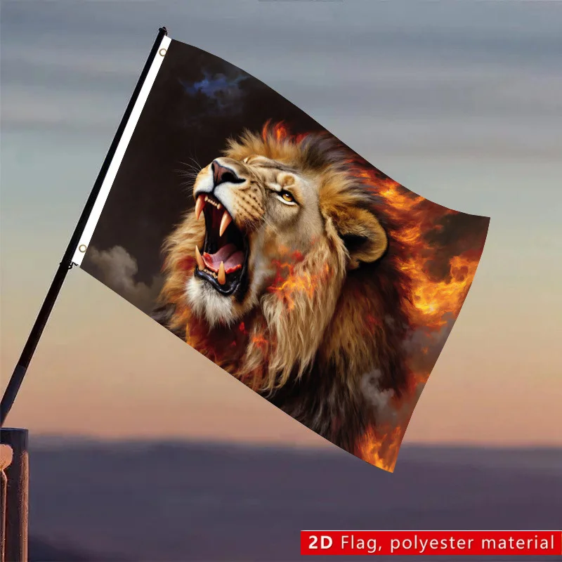 Roaring Lion Head Fire Mane Flag Polyester Outdoor Wall Decor Power Art Decoration Banner