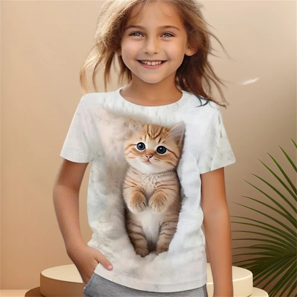 2024 Girl Clothes Short Sleeve Children's Clothing 2 to 8 Years One Piece Cat Graphic T Shirts Kawaii Tops Boys Summer Clothes