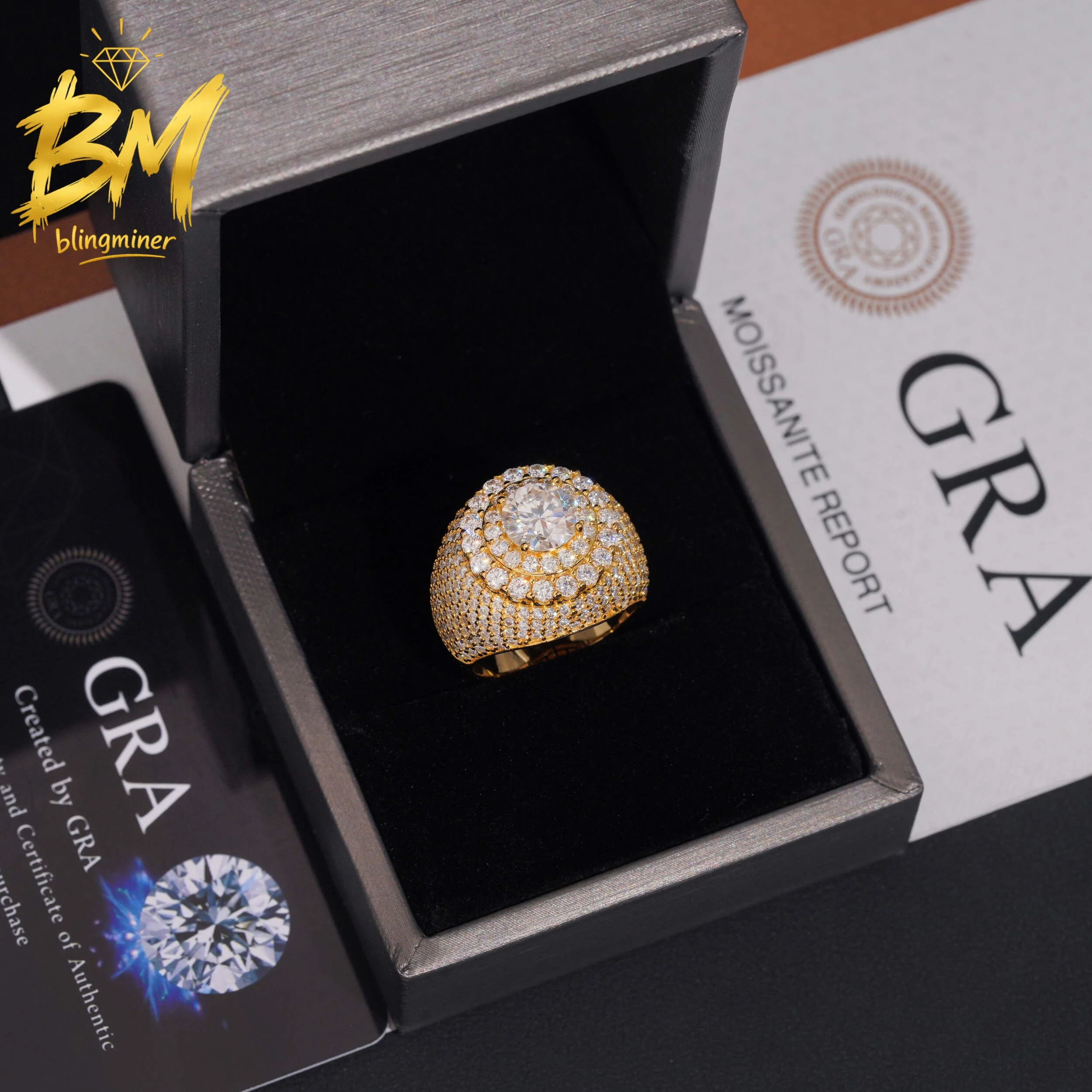 Blingminer Iced Out Round VVS Moissanite Rings For Men Women S925 Silver Finger Jewelry Pass Diamonds Tester GRA Free Shipping