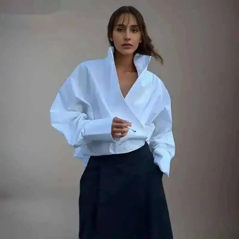 

Fashion White Silhouette Shirt Women's Stand Collar Cross Loose Long Sleeves Sense Of Design Blouse New