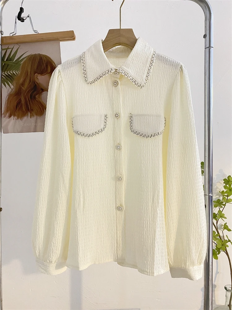 Luxury Beaded Stitch Shirts Blouses For Women\'s Spring Autumn New Fashion Beige Shirt Long Sleeve Office Lady Elegant Top