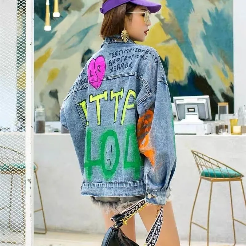 Women's Clothing Denim Coat Autumn Loose Blue Jean Jacket Woman Short Korean Heavy Duty Retro Thailand New Graffiti Versatile