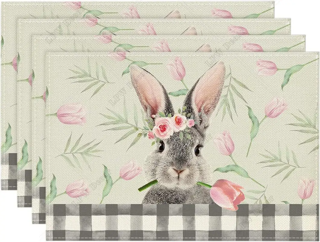 Buffalo Plaid Bunny Rabbit Tulips Placemats Set of 4 Seasonal Spring Summer Table Mats for Party Kitchen Dining Decoration