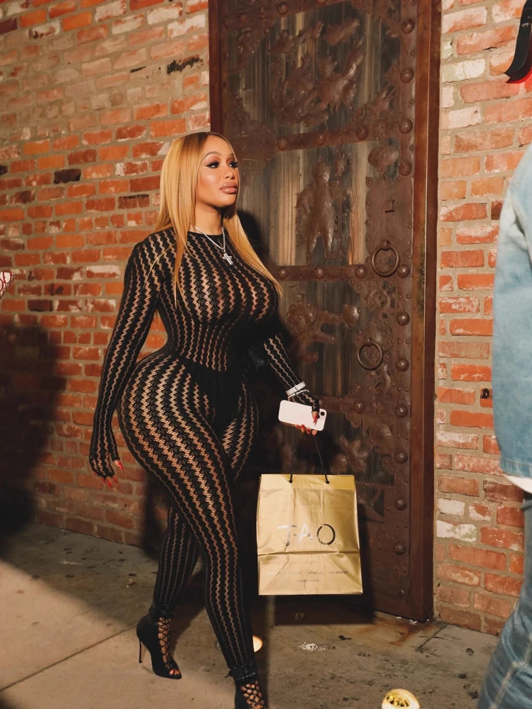 

Valentines See Through Seamless Striped Jacquard One Piece Long Sleeve Lingerie Jumpsuit Sexy Black Outfits for Woman Baddie