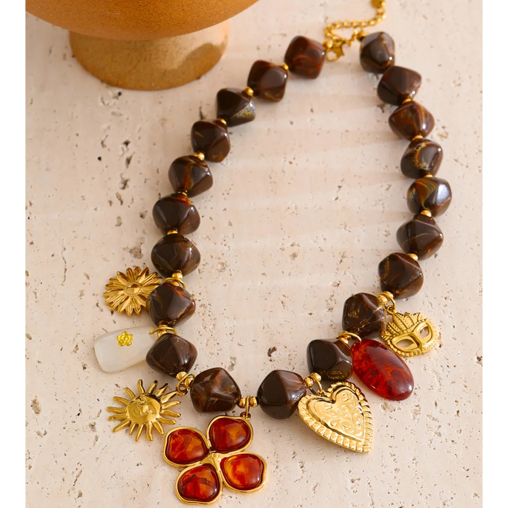 Yhpup Exclusive Handmade Jewelry Resin Acrylic Chain Flower Heart Sun Pendant Statement Necklace Stainless Steel Waterproof New