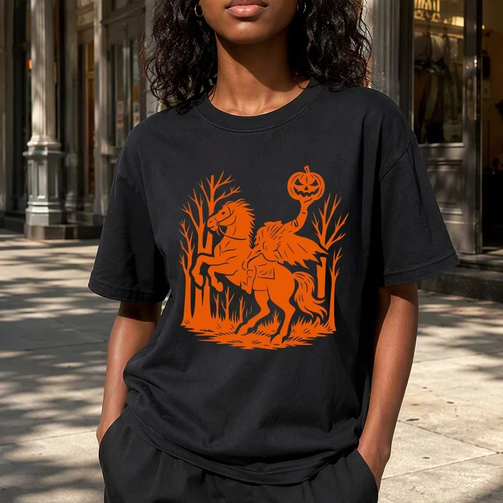 Headless Horseman Halloween Tee Women Pumpkin Jack O Lantern Unisex Short Sleeve Cotton T-Shirt Spooky Season Fall Gift Clothes