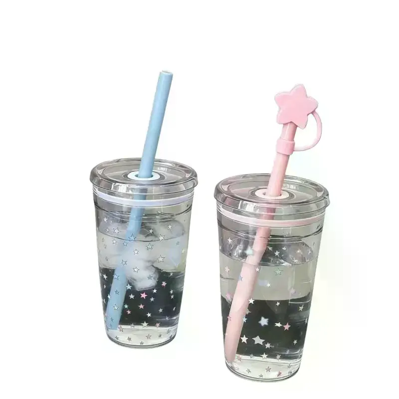 Plastic Straw Cup 450ml Sweet Minimalist Star Print Food Grade Drinkware for Home Daily Beverage Use
