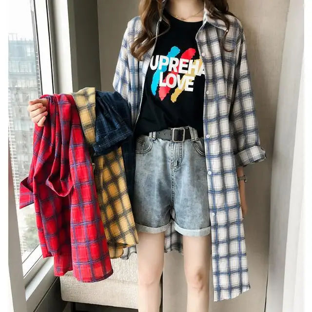 

Vintage Plaid Loose Blouse Summer New Thin Long Sleeve Polo Neck Loose Plus Size Shirt Tops Casual Fashion Women Clothing