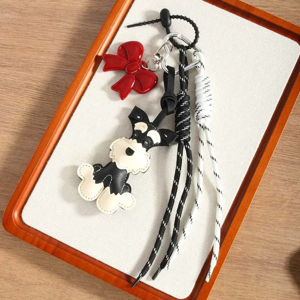 Dog Bag Charm Black Cream Puppy Red Bow Multi Charm Rope Keychain Handbag Purse Accessory Cute Fashion Gift For Dog Lovers Women
